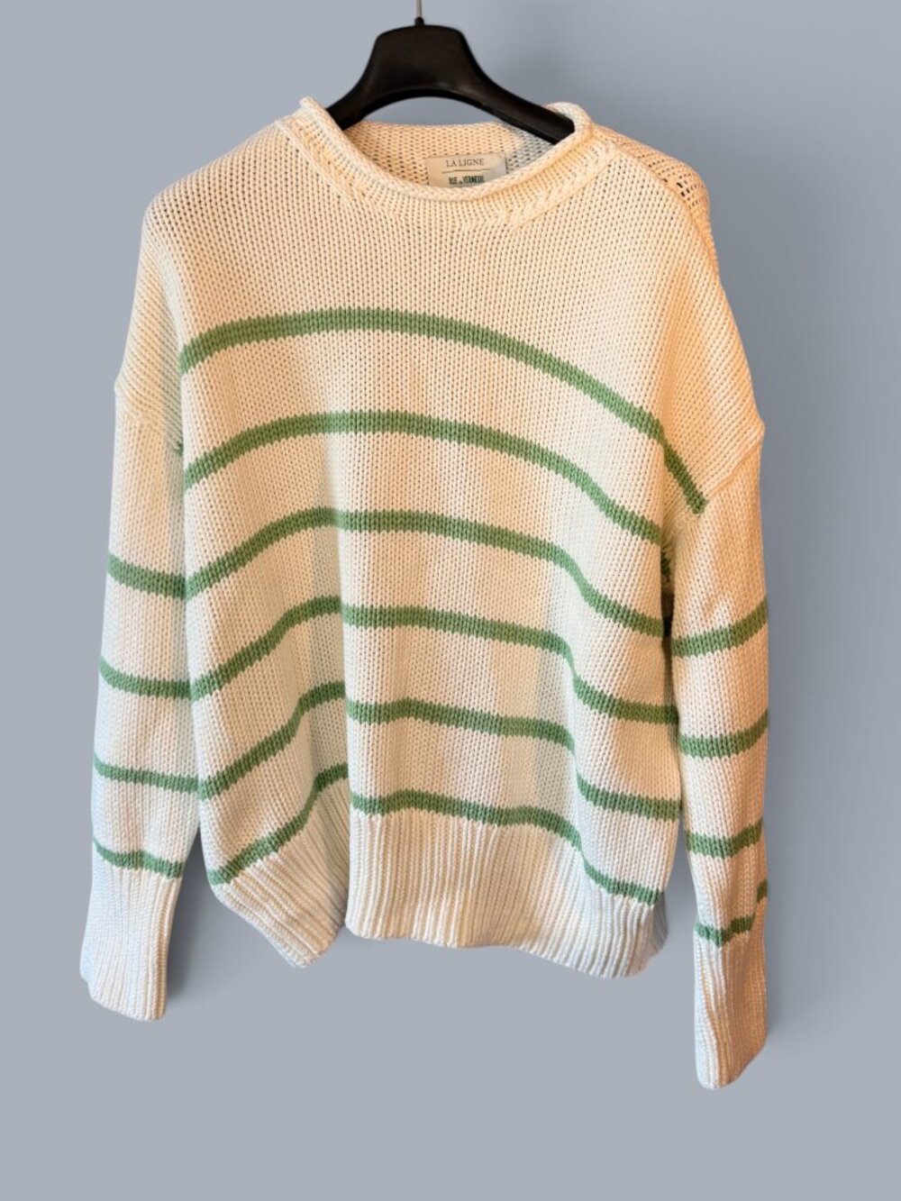 La Ligne x Rue de Verneuil Marina Sweater Cream Green Stripe Cotton Rollneck XL